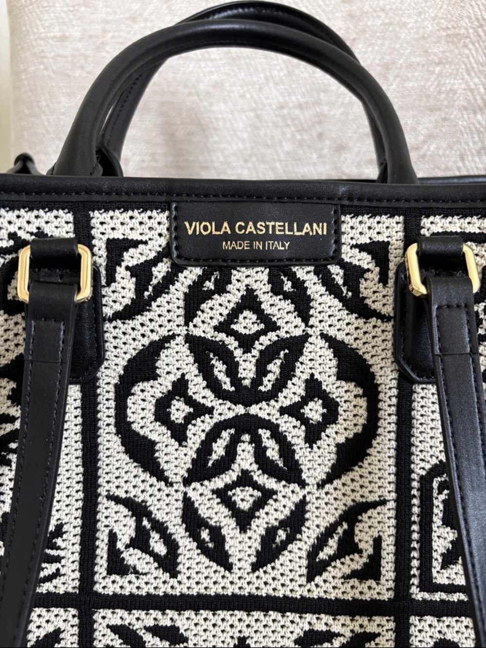 Viola Castellani leather crochet tote black/beige Made in Italy New - Picture 3 of 10